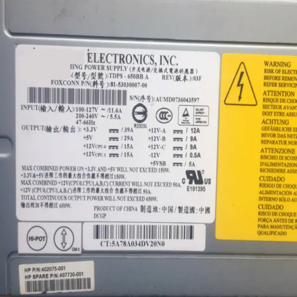 Zdroj napájení pro HP ML150G3 650W spínaný zdroj TDPS-650BB A 407730-001 402075-001