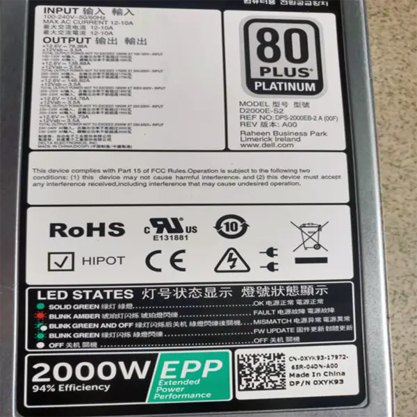 Zdroj napájení pro Dell R740 T640 R840 R940 C4130 2000W spínaný zdroj D2000E-S2 XYK93