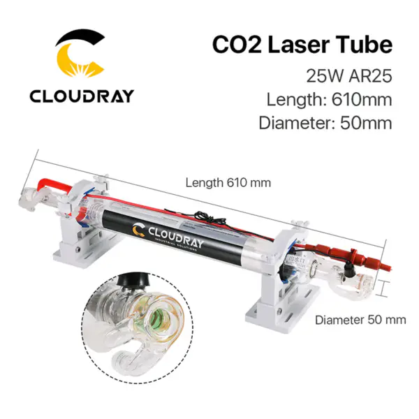 Co2 laserová trubice 25W Skleněná hlava průměr 50mm 610mm délka Skleněná laserová lampa pro Co2 laserový gravírovací stroj