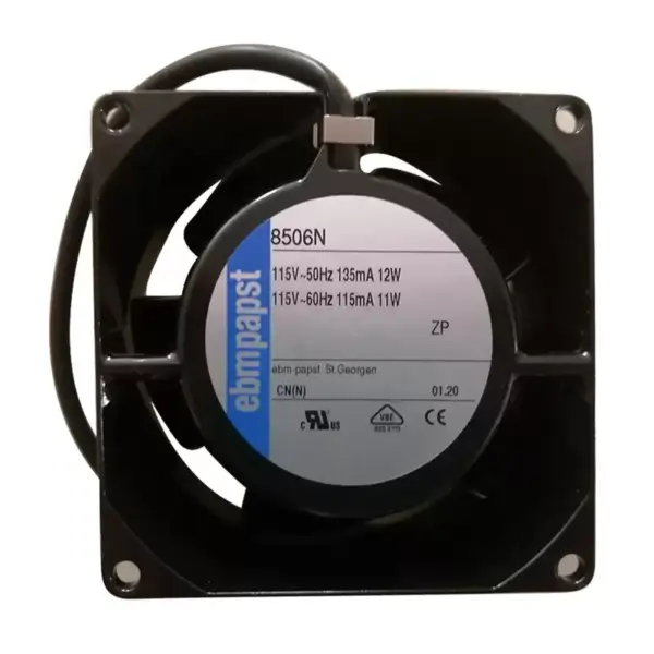 8506N Rozměry 80 x 80 x 38 mm 115 V AC průtok vzduchu 61 m3/h 3300 ot/min ebmpapst chladicí ventilátor