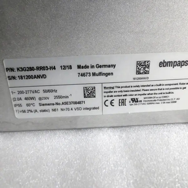 ebm-papst K3G280-RR03-H4 K3G280-RR03-H2 Motor M4E068-EC 230VAC 105W 1420RPM 310 mm Odstředivý větrací ventilátor