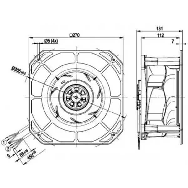 Ebmpapst k3g225-re07-03 230VAC 270x270x131mm 170W 1.4A 705m3/h Kuličková ložiska IP54 EC Odstředivý ventilátor dmychadla