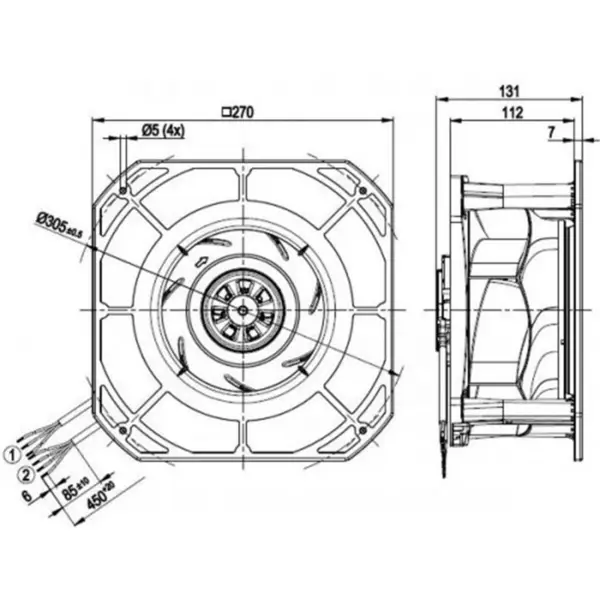 Ebmpapst k3g225-re07-03 230VAC 270x270x131mm 170W 1.4A 705m3/h Kuličková ložiska IP54 EC Odstředivý ventilátor dmychadla
