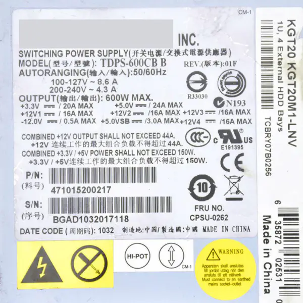 Pro serverový zdroj Lenovo R510 G7 600W TDPS-600CB B