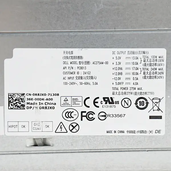 Pro DELL OptiPlex 390 790 990 3010 7010 9010MT Napájecí zdroj 275W AC275AM-00 0R8JX0
