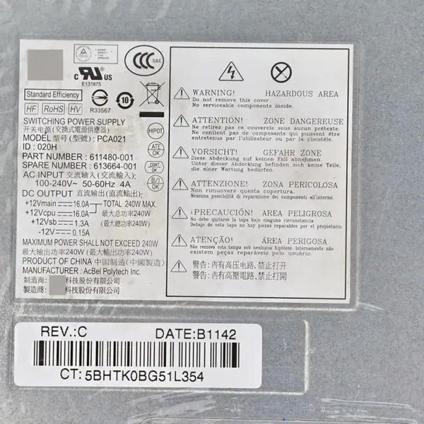 Pro napájecí zdroj HP 6000 6005 8000 8200 SFF PC8027 HP-D2402E0 PS-4241-9HA