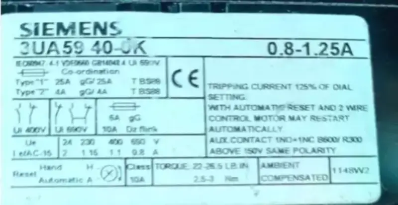Tepelné přetěžovací relé Siemens 3UA5940-0K