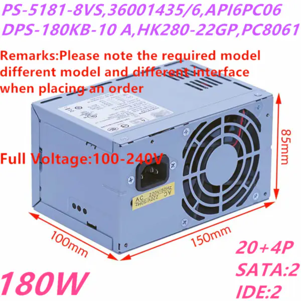 Zdroj napájení pro Lenovo U1011 1015 1019 180W PS-5181-8VS FSP180-50PSA API6PC06 DPS-180KB-10 A HK280-22GP PC8061