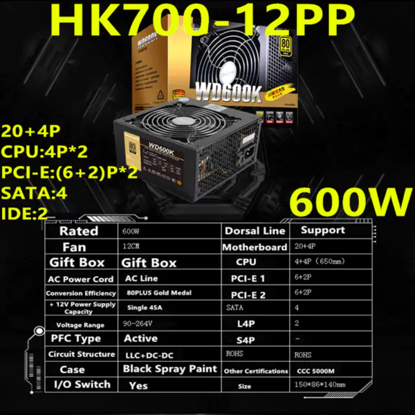 Napájecí zdroj pro Huntkey WD600K ROHS Plně napěťový tichý zdroj pro grafické karty HK700-12PP