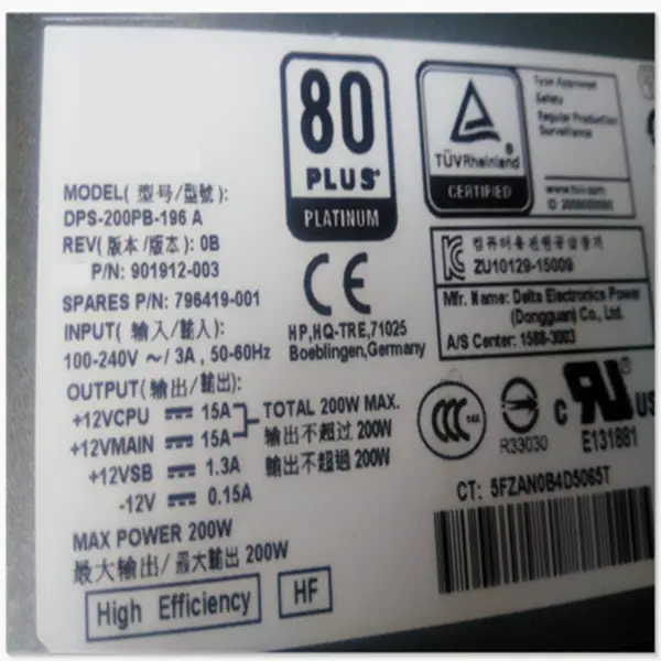 Zdroj napájení pro HP 400 600 800G1 G2 6pinový 200W napájecí zdroj DPS-200PB-196A PCE011 PS-4201-1HA/1HB PS-4201-2HF PS-4241-2HF1