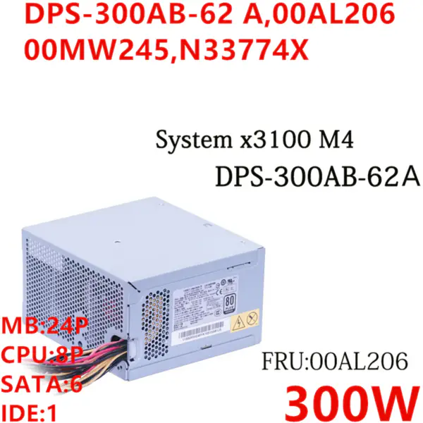 Zdroj napájení pro Lenovo IBM System X3100 M4 M5 300W spínaný zdroj DPS-300AB-62 A 00AL206 00MW245 N33774X
