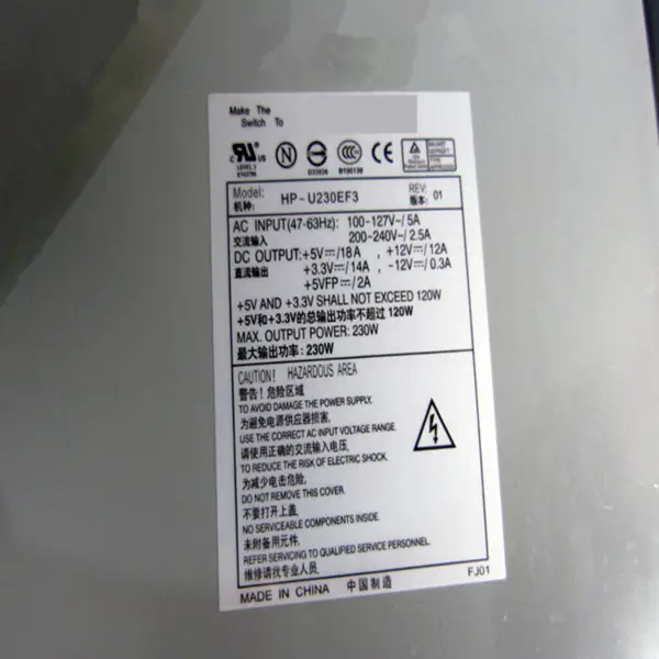 Zdroj napájení pro standardní velký 1U 230W spínaný zdroj napájení Dell HP-U230EF3 12-87383-02 A