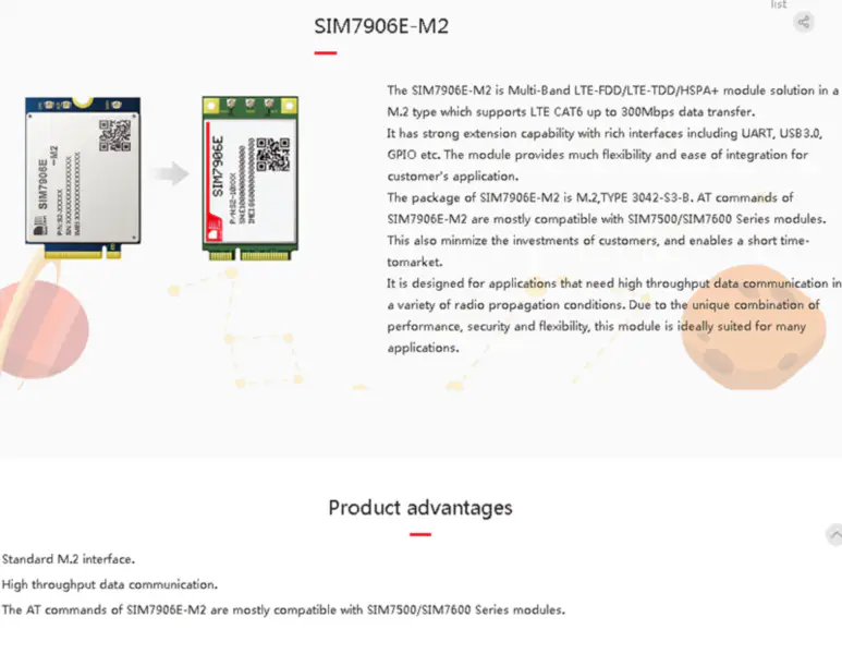 Modul LTE-A CAT6 Vícepásmové řešení modulu LTE-FDD/LTE-TDD/HSPA+ Kompatibilní s typem M2 SIM7500 SIM7600 SIMCOM SIM7906E-M2