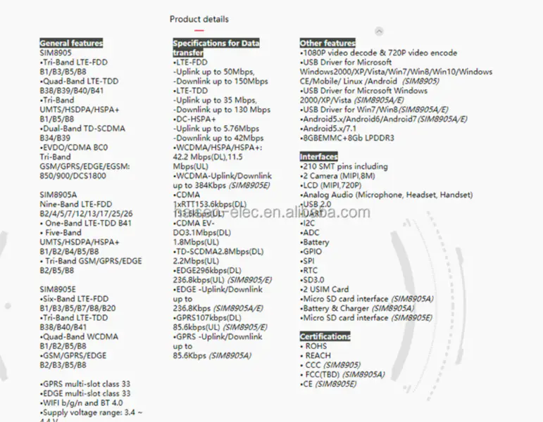 bezdrátový modul platformy LTE s více režimy SIMCOM 8905 SIM8905 Chytré moduly
