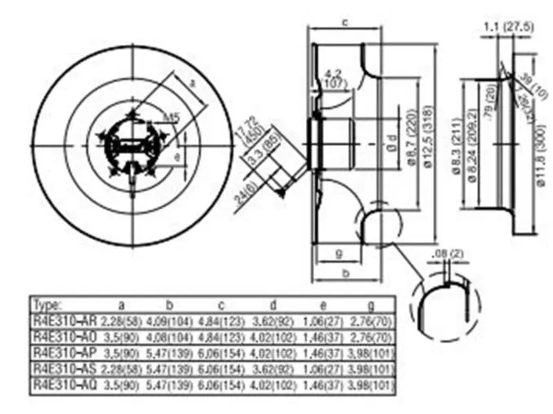 Ebmpapst R4E310-AP11-12 230VAC 310mm chladicí ventilátor se zpětně zakřiveným motorem a oběžným kolem
