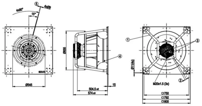Ventilátor Ebmpapst K3G560-PB31-71 380/480V 5.1A 3300W 1540RPM 560mm chladicí ventilátor