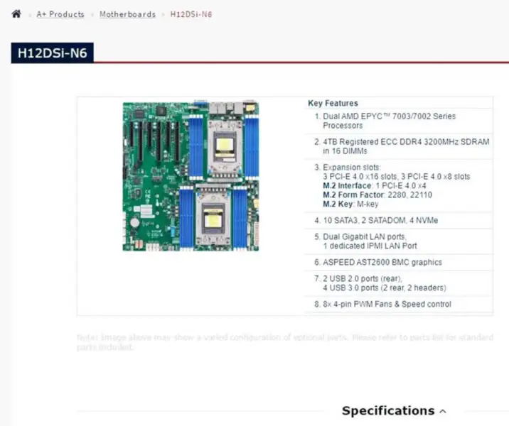H12dsi-n6 Pro základní desku Supermicro Eatx Dva procesory řady Epyc 7003/7002 Gigabitový port Lan Vyhrazený port Ipmi Lan
