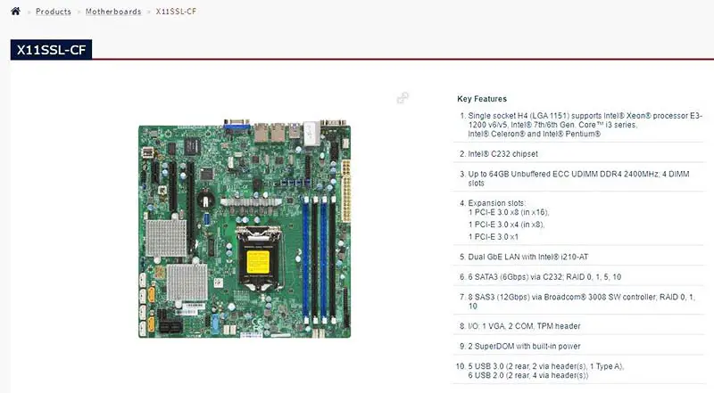X11ssl-cf Pro základní desku Supermicro Microatx Lga1151 E3-1200 V6/v5 7th/6th Gen. Core I3 Series Ddr4 Sas3 (12gbps) Superdom