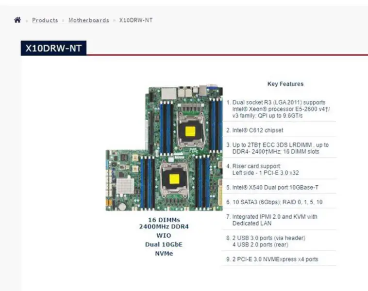 X10drw-nt Pro základní desky Supermicro Dual Socket R3 (lga 2011) E5-2600 V4 / V3 Family X540 Dual Port 10gbase-t
