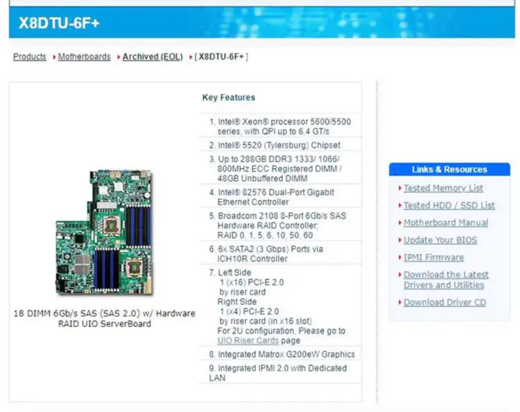 X8dtu-6f+ Pro základní desky Supermicro s procesory Xeon řady 5600/5500 82576 Dvouportový řadič gigabitového Ethernetu Ipmi 2.0