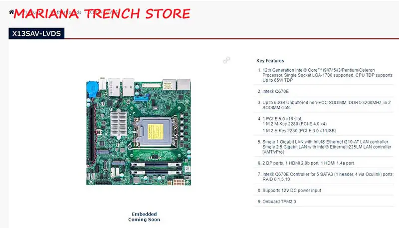 X13sav-lvds Q670e pro vestavné základní desky Supermicro 12. generace Core I9/i7/i5/i3 Lga-1700 Ddr4-3200mhz Onboard Tpm2.0