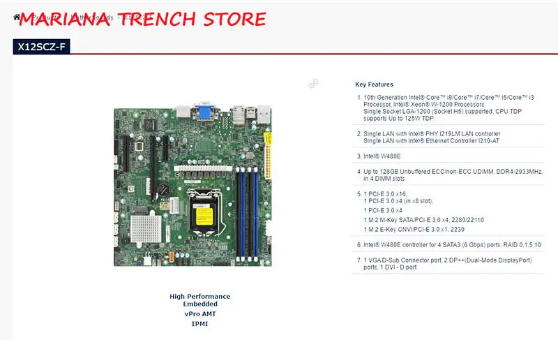 X12scz-f Pro vysoce výkonné vestavné základní desky Supermicro s procesory Core I9 I7 I5 I3 Xeon W-1200 10. generace