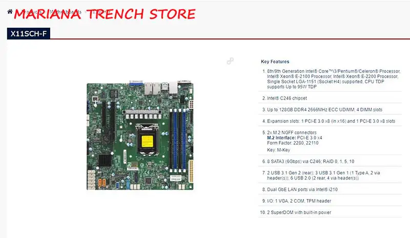 X11sch-f Pro základní desku Supermicro 8./9. generace Core I3 s jednou paticí Lga-1151 Xeon E-2100 E-2200 Procesor Dual Gbe Lan