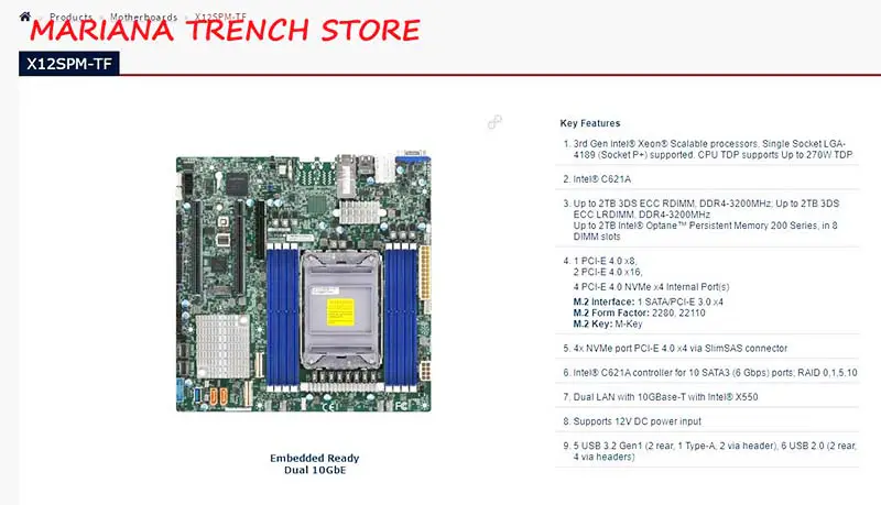 X12spm-tf pro základní desky Supermicro Embedded/lot Socket Lga-4189 3. generace Xeon Scalable Processors Dual Lan s 10gbasetem
