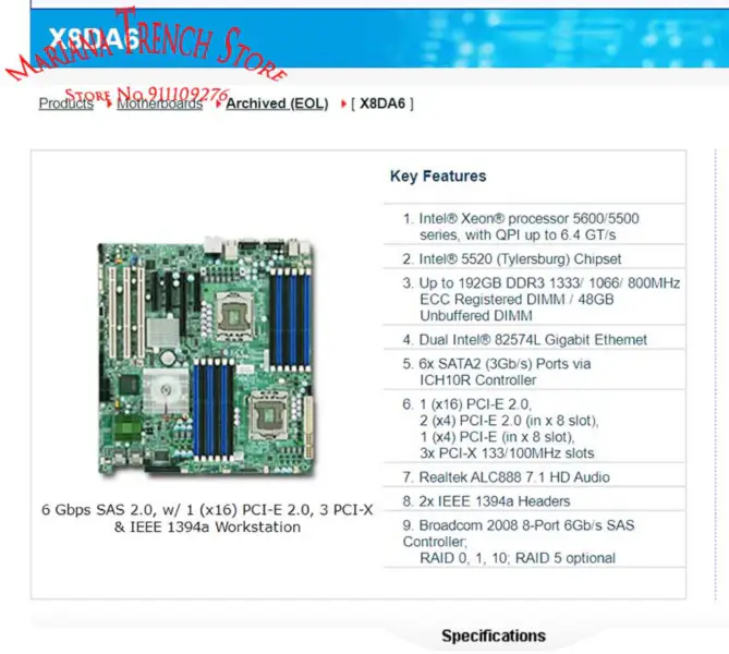 X8da6 pro základní desku Supermicro s procesorem Xeon 5600/5500