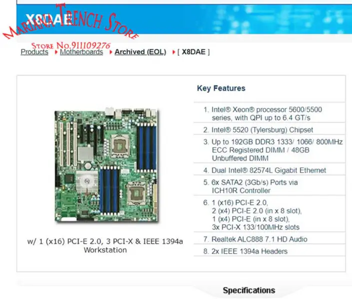 X8dae Pro základní desku Supermicro s procesorem Xeon řady 5600/5500 Dual 82574l Gigabit Ethernet