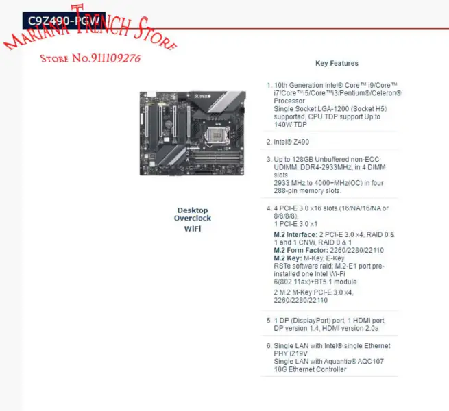 C9z490-pgw Pro Supermicro Desktop Přetaktování Wifi Základní deska Lga-1200 10. generace Core I9/i7/i5/i3 Ddr4-2933mhz Pci-e3.0 M.2