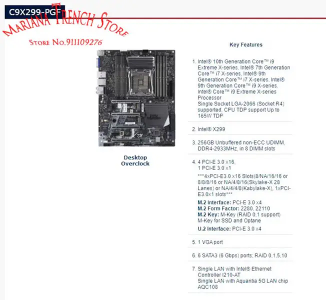 C9x299-pgf Pro Supermicro High-end Desktop Overclock Základní deska Lga-2066 I7 I9 X-series Processor Ddr4-2933mhz Pci-e3.0 M.2 U.2