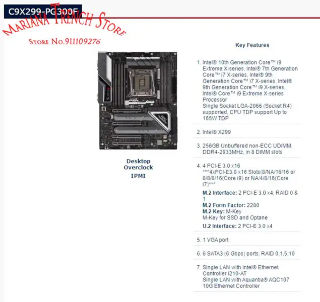 C9x299-pg300f Pro základní desku Supermicro Lga-2066 I7 I9 X-series Processor Ddr4-2933mhz Pci-e3.0 M.2 U.2