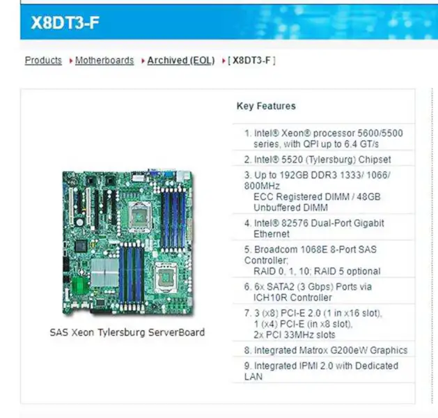 X8dt3-f pro základní desku Supermicro s procesorem Xeon řady 5600/5500 Ddr3 Sata2 Pci-e 2.0 Integrovaný Ipmi 2.0 s vyhrazenou LAN