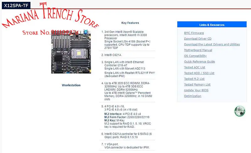 X12spa-tf Pro základní desku Supermicro s procesory Xeon 3. generace Xeon W-3300 Processor Lga-4189 Ddr4 Pci-e4.0