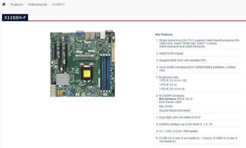 X11ssh-f pro základní desku Supermicro Lga1151 E3-1200 V6/v5 Processor 7th/6th Gen. Core I3 Series M.2 Gbe Lan s I210-at