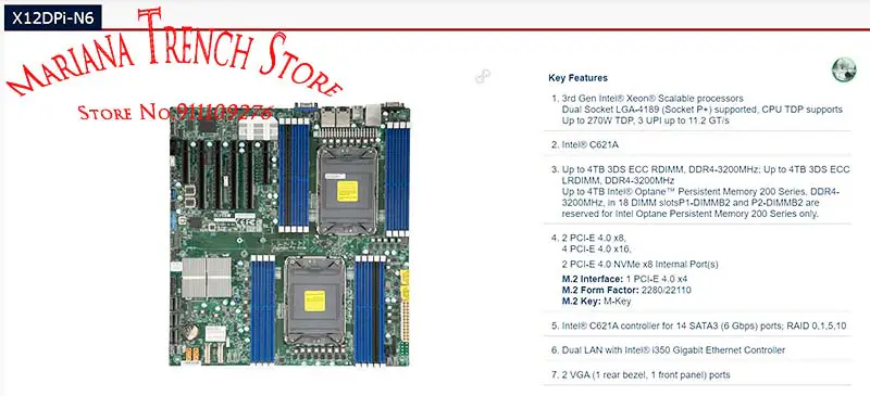 X12dpi-n6 pro základní desku Supermicro Dual Lga-4189 3rd Gen. Xeon Scalable Processors Rj45 Gigabit Ethernet Lan Port