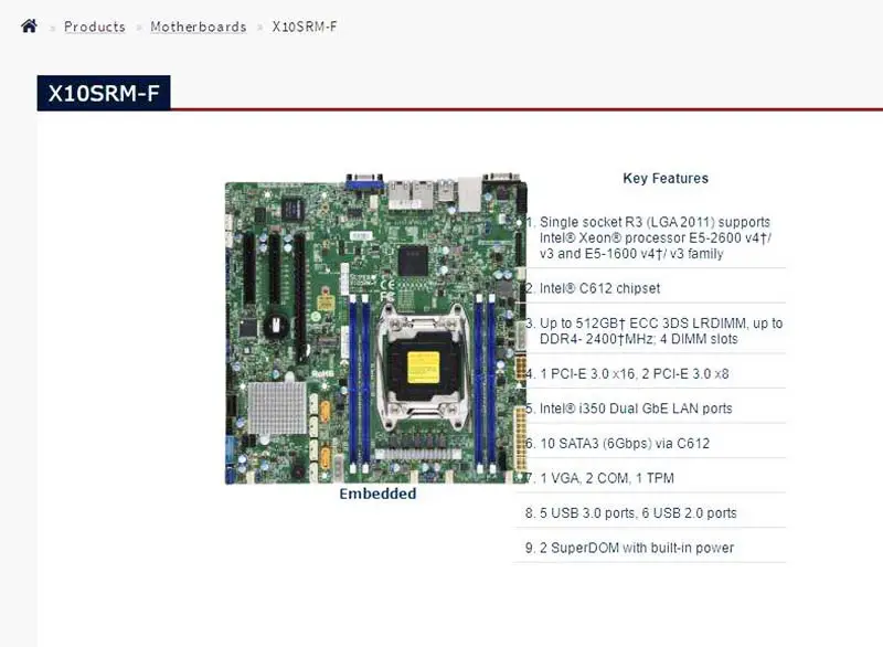 X10srm-f pro vestavné základní desky Supermicro s jedním socketem R3 (lga 2011) E5-1600/2600 V3/v4 Family Ddr4 Ecc
