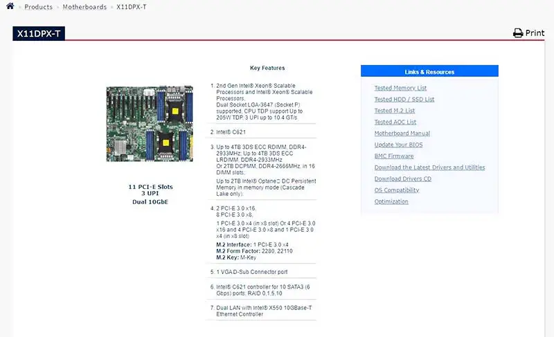 X11dpx-t Základní deska pro Supermicro Dvoucestný čip C621 Lga-3647 11 slotů PCI-e 3 Upi Duální 10gbase-t Lan