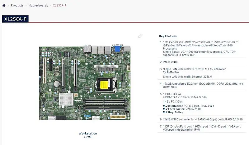 X12sca-f pro základní desku Supermicro s jednou paticí Lga-1200 10. generace Core I9 I7 I5 I3 Ddr4 Sata3 (6 Gb/s) Dp Port
