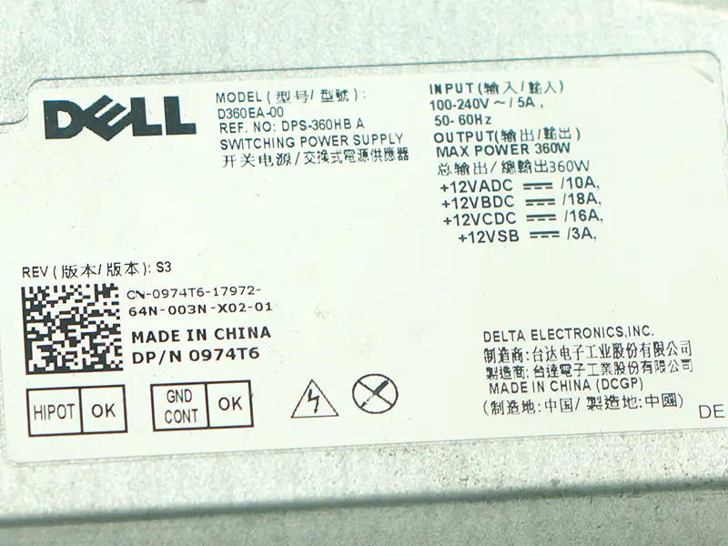 Pro Dell Precision 5720 Workstation AIO Napájecí zdroj D360EA-00 974T6 360W