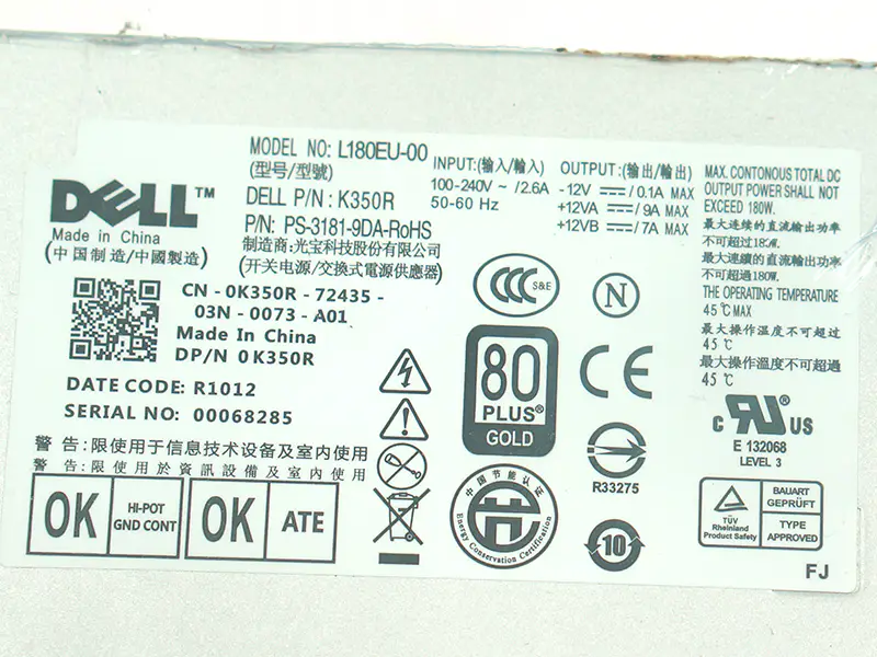 Zdroj napájení pro Dell 780 790 990 7010 9010 180W napájecí zdroj L180EU-00 F180EU-00 L200EU-00 F200EU-00 C0G5T 6YWW7 M178R