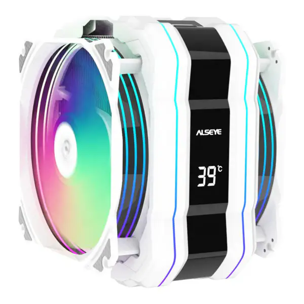 Chladič procesoru Alseye White M120d-plus se dvěma ventilátory a ukazatelem teploty pro bílou herní počítačovou skříň