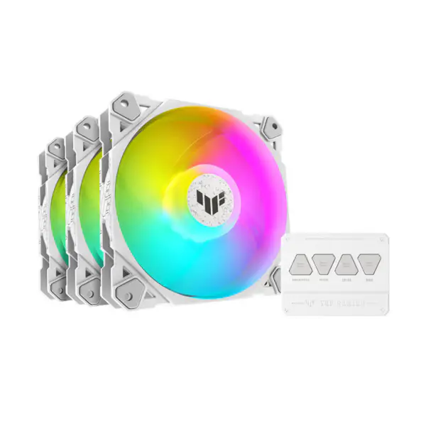 AsUs Tuf Gaming White Heroic Light Tf120 Chassis Fan 3 Pcs Argb Fan With Lighting Effect Controller Tuf Gaming Tf120 Argb 3v1