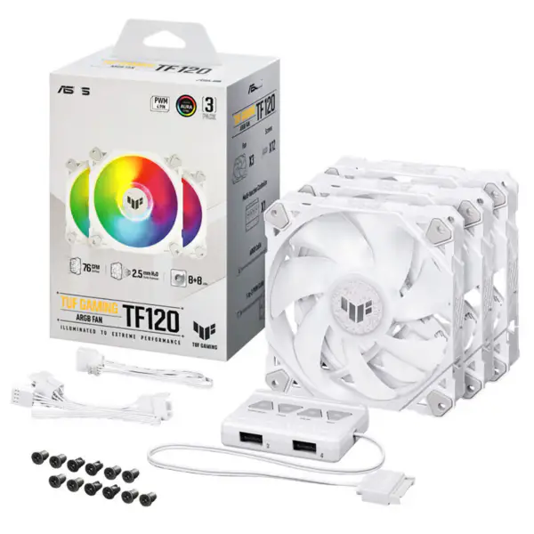 AsUs Tuf Gaming White Heroic Light Tf120 Chassis Fan 3 Pcs Argb Fan With Lighting Effect Controller Tuf Gaming Tf120 Argb 3v1